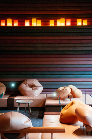 Nov 21, 2013 Hokkaido, JAPAN - Simply Modern Japanese  living room interior, bean bag, wood table cozy and warm feelingのeditorial素材