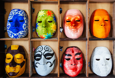 APR 20, 2013 Bangkok, Thailand - Colourful art Mask with difference colours, pattern in wood boxのeditorial素材