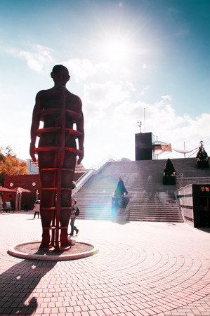 OCT 23,2013 Gangwon-do, South Korea - Modern statue at Cheongryeongpo cape entrance against afternoon sun. Famous tourist attraction of Yeongwol town.のeditorial素材