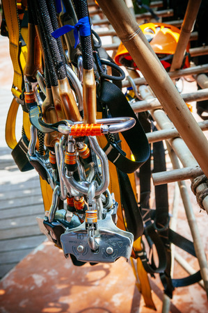 Close up shot of climbing gear harness, strap, carabine adventure sport equipmentの写真素材