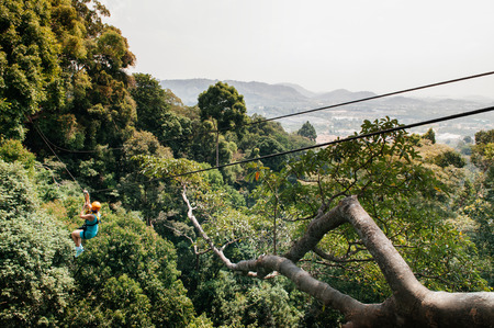 FEB 10, 2013 Phuket, THAILAND -  Male tourist on zip line over lush tropical forest canopy, famous adventure activity beside beach and seaの写真素材