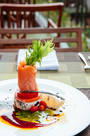 Smoked salmon salad with balsamic and pesto salad dressing, beautiful fine dining dish decorationの写真素材