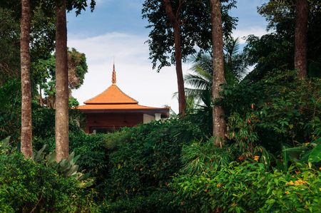 FEB 9, 2013 Phuket, THAILAND - Thai tropical resort building with yellow ceramic tiles roof in lush green garden with big treeのeditorial素材