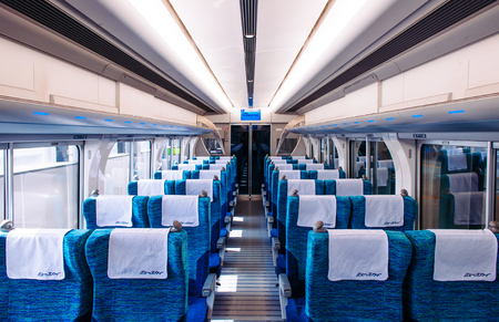 MAY 30, 2013 Nagoya, Japan - Modern design interior and blue fabric coach seats of Î¼-sky - Chubu Centrair airport limited express trainのeditorial素材