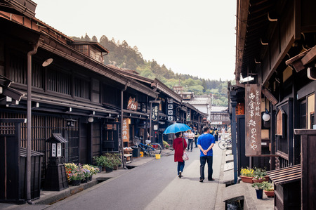 MAY 27, 2013 Takayama ,Gifu, Japan - Old vintage local shop nice wooden exterior of Sanmachi Suji old Edo district, famous shopping and tourist attraction of Takayama old town.のeditorial素材
