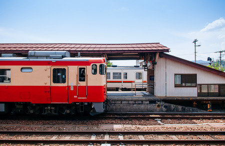 MAY 26, 2013 Takayama, Gifu, JAPAN - Kiha 52 DMU Train vintage two tones painted local Oito line of...