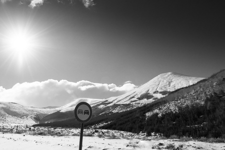 Mount Erciyes volcano covered with snow in winter season, on a clear sky day - Black and White imageの写真素材