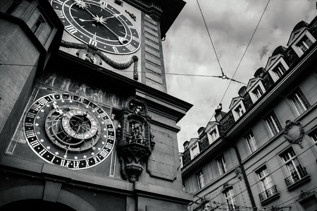 Old vintage close up details and painting of astronomical Zytglogge clock tower. Famous old town...