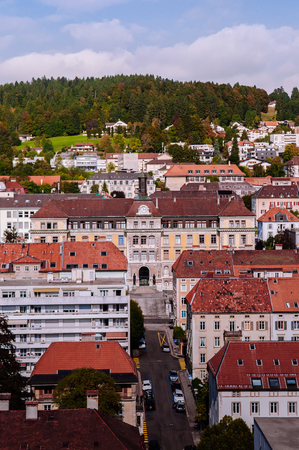 Colourful old vintage building aerial view of La Chaux de Fonds city, the most important centre of...