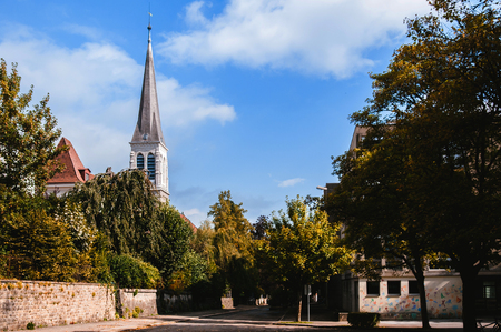 Old vintage Bell tower of Church TempleGuillaume Farel in La Chaux de Fonds, the most important...