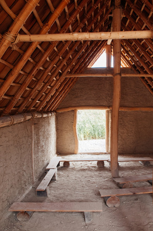 SEP 26, 2013 Neuchatel, Switzerland - Old Middle-Ages cottage of local people near lake Neuchatel, Latenium Archaeological Museum. Exhibit history from Neanderthal man to the Middle Ages.のeditorial素材