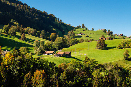 Farmland and rural cottages in suburb area of Montreux, Switzerland on bright sunny day in autumnの写真素材