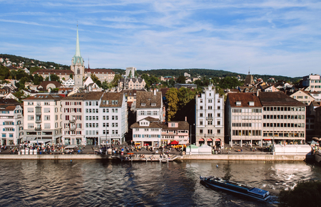 SEP 22, 2013 Zurich, Switzerland - Beautiful old vintage medieval buildings by the Limmat river in Zurich Old town Altstadt areaのeditorial素材