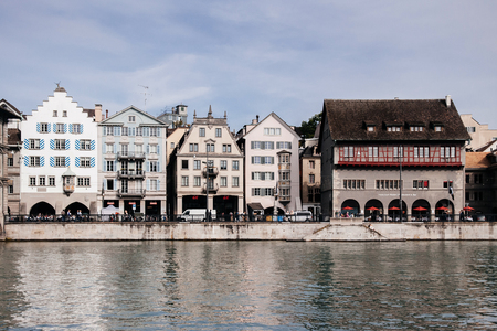 SEP 28,2013 Zurich, Switzerland - Beautiful old vintage medieval buildings by the Limmat river in Zurich Old town Altstadt areaのeditorial素材