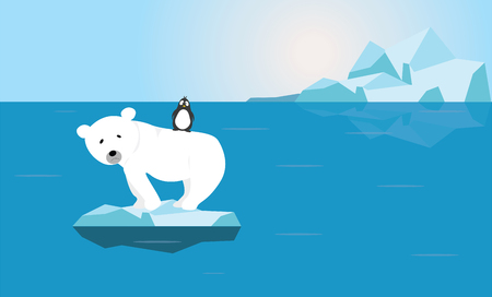 Polar Bear and Penguin with worried face on small melting ice in empty ocean illustration vector graphic - Global warming crisis Climate change problem conceptのイラスト素材