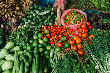 Various fresh vegetables and local products in Asian morning market. Organic homegrown argriculture productsの写真素材
