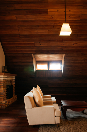 FEB 25, 2014 Dalat, Vietnam - Vintage colonial tropical country house living room hard wood floor...