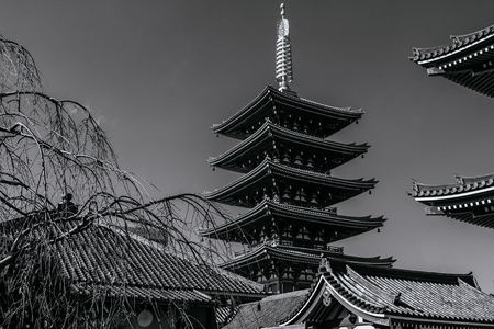 Asakusa Sensoji temple five storey pagoda iconic landmark and Tokyo famous attraction with blue sky, Japan. Black and white imageのeditorial素材