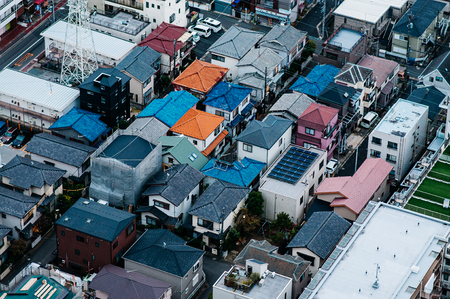Tokyo, Japan - Aerial view colourful buildings roof in residential area of Ichikawa district. Outer area of Tokyoのeditorial素材