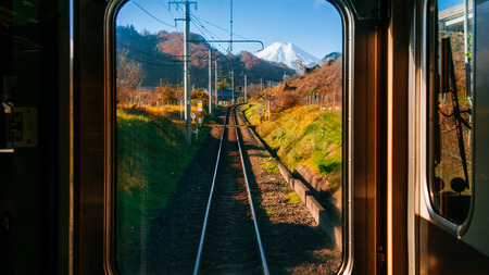 Tokyo, Japan - NOV 29, 2018 : Autumn scenery along train tracks railroad through train window seen from driver roomのeditorial素材