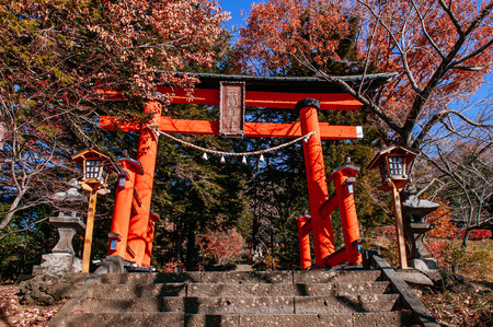 Red Torii gate of Chureito Pagoda Shrine entrance with stone steps under autumn maple tree Shimoyoshida - Arakurayama Sengen Park in Fujiyoshida near Kawaguchigo, Japanese words on wood plate is name of shrineのeditorial素材