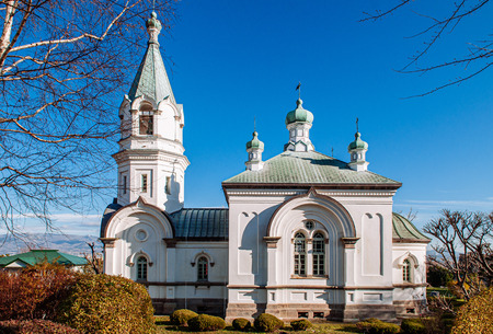 Hakodate Orthodox Church - Russian Orthodox church prayer hall grand windows facade in winter. Motomachi - Hakodate, Hokkaidoのeditorial素材
