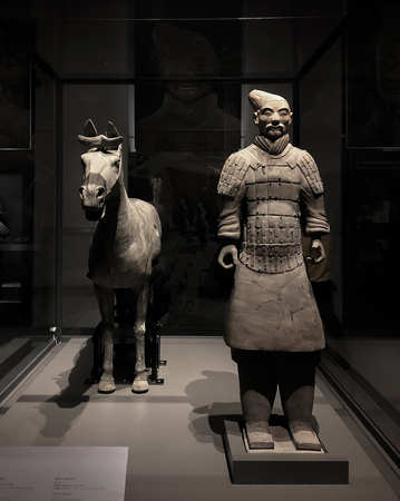 OCT 24, 2019 Bangkok, Thailand - Horse and soldier figures from Qin Shi Huang tomb mausoleum Terracotta Army museum in Xian, China was exhibited in Bangkok  at National museumのeditorial素材