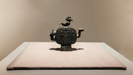 OCT 24, 2019 Bangkok, Thailand - Ancient carved bronze wine container from Qin Shi Huang tomb mausoleum Terracotta Army museum in Xian, China was exhibited in Bangkok  at National museumのeditorial素材