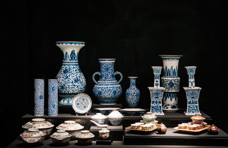 OCT 24, 2019 Bangkok, Thailand -Colourful blue  painted porcelain China ware, Old vintage Chinese porcelain vase royal collection exhibits at Bangkok national museumのeditorial素材