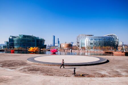 DEC 13, 2016 Seoul, South Korea - Kid and father playing at Sebitseom (Some Sevit) Floating Islands in Han river, famous Modern landmarkのeditorial素材