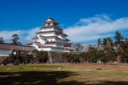DEC 4, 2018 Aizu Wakamatsu, JAPAN - Aizu Wakamatsu Tsuruga Castle and pine tree in park under winter blue sky. Fukushima Samurai lord fortess in Edo periodのeditorial素材