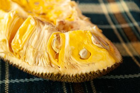 Half cut yellow sweet Jackfruit tropical exotic Thai fruit close up detail