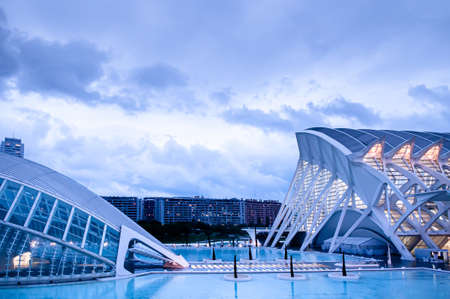 OCT 31, 2012 Valencia, Spain - Modern Architecture of City of Arts and Sciences and blue pool in evening twilight. Architecture designed by  Santiago Calatrava and Felix Candelaのeditorial素材