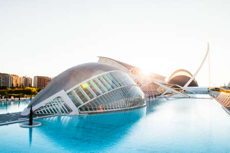 OCT 31, 2012 Valencia, Spain - Modern Architecture of City of Arts and Sciences and blue pool against sunrise. Architecture designed by  Santiago Calatrava and Felix Candelaのeditorial素材