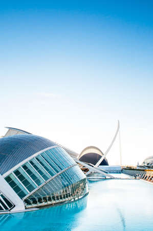 OCT 31, 2012 Valencia, Spain - Modern Architecture of City of Arts and Sciences and blue pool under...