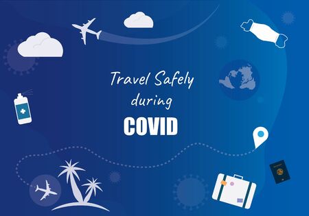 Travel safely during COVID background vector graphic illustration. Web banner graphic element for disinfectant travelling conceptのイラスト素材