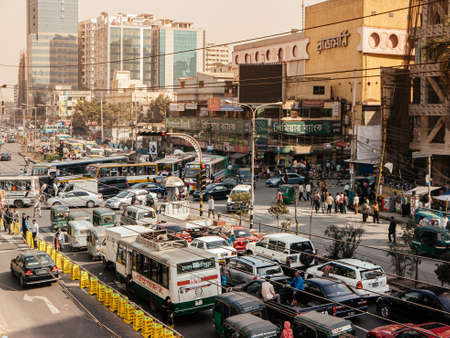 Feb 12, 2012 Dhaka, Bangladesh - Bad Traffic jam with many cars and buses on Dhaka city street with...
