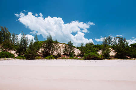 Beautiful tranquil tropical white sand beach with blue sky and clouds in summer, beach getaway...