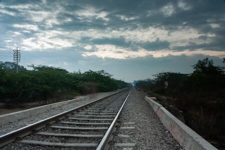 Empty train track shot in the morningの写真素材