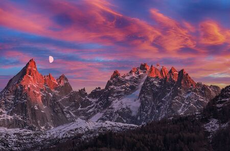 Sunset in French Alps with the moonの写真素材