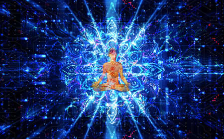 Human silhouette meditating or doing yoga om a psychedelic backgroundの写真素材