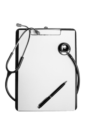 clipboard with stethoscope and syringe on wooden backgroundの写真素材