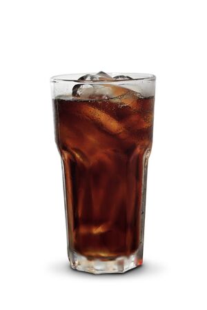 glass of cola with ice on woodの写真素材