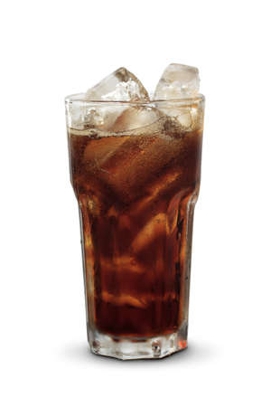 glass of cola with ice on woodの写真素材