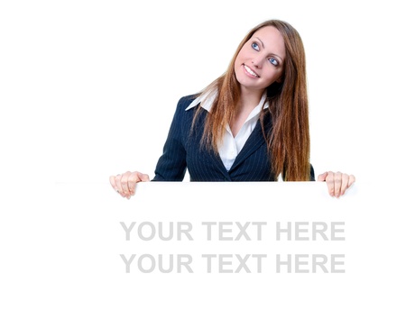 Young businesswoman holding blank message boardの写真素材