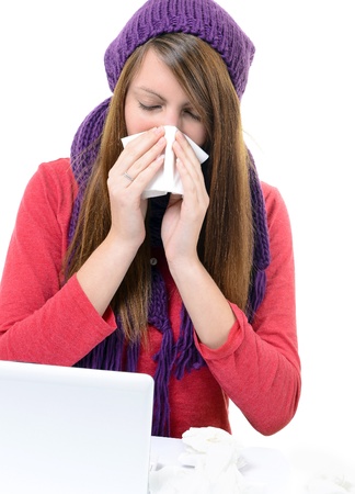 Sick Woman Flu Woman Caught Cold  Sneezing into Tissue  Headache  Virus  Medicinesの写真素材