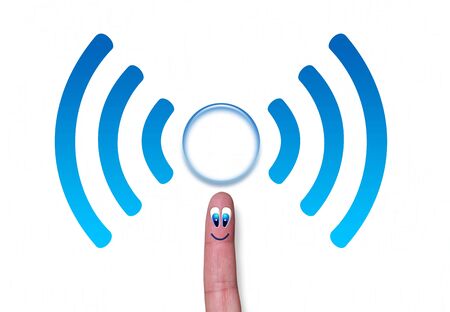 Wireless network blue symbol wifi with cercle on fingerの写真素材