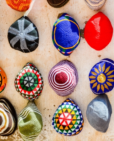 colorful wool caps for sale in oriental marketの写真素材
