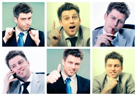 Collage of businessman posing and working at the officeの写真素材