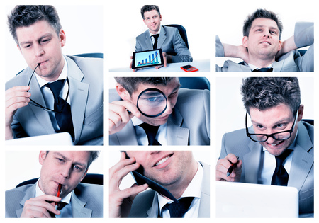 Collage of businessman posing and working at the officeの写真素材